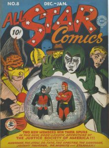 The cover to All Star Comics #8. Several members of the JSA (Hawkman, Doctor Fate, the Atom, the Sandman, the Spectre, and Johnny Thunder) look into a crystal ball containing Doctor Midnight and Starman.