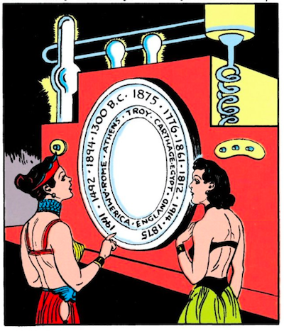 Diana and Hippolyta look at a machine with a round portal on it surrounded by two dials, one that lists a handful of years (1776, 1941, 1300 BC, etc.) and another that lists a handful of locations (Athens, Troy, England, America, etc.).