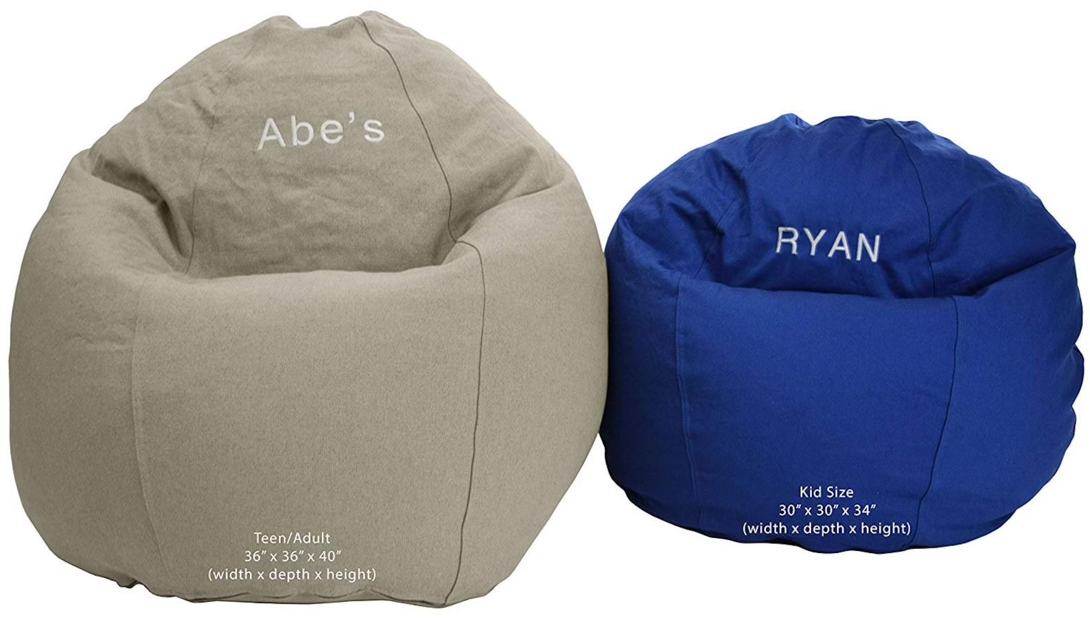two sized of beanbags embroidered with names