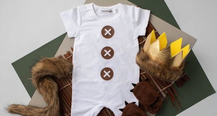 Max from Where the Wild Things Are costume kit: a white romper, gold crown, fuzzy tail and slippers