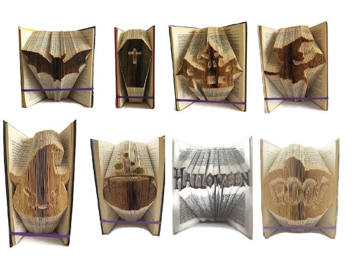 picture of 8 different Halloween-themed folded book pages