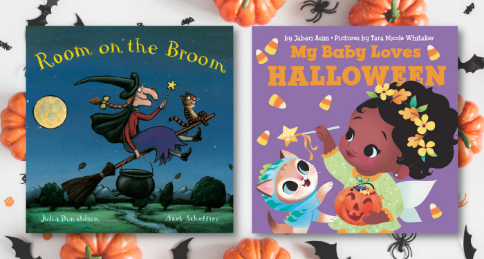 Covers of Room on the Broom and My Baby Loves Halloween against a pumpkin background