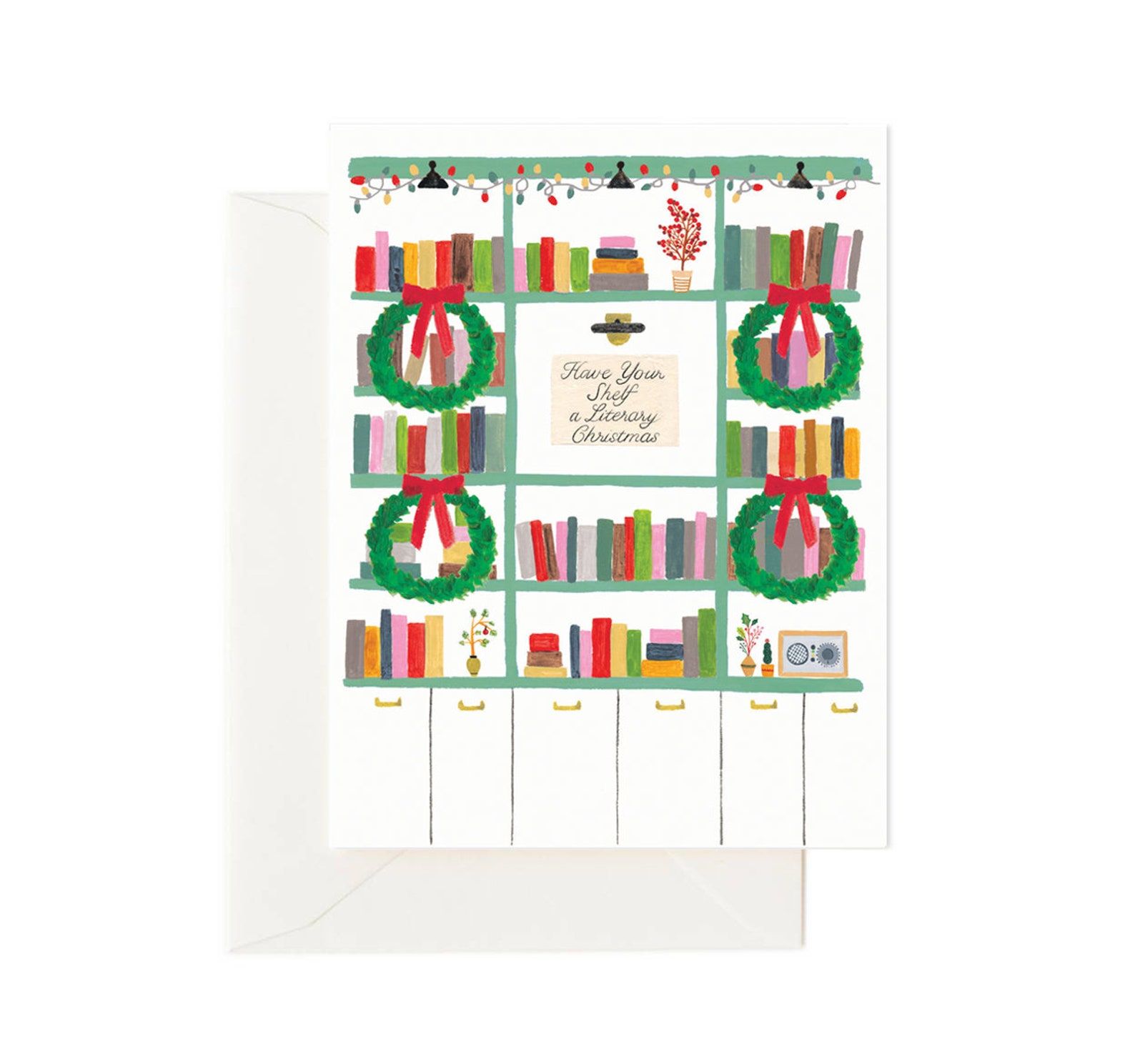 A card with a painting of colorful book shelves decorated for Christmas and a message that reads "Have your shelf a literary Christmas"