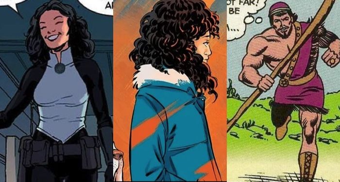 collage of three images of Jewish superheroes: Sabra, Whistle, and Seraph
