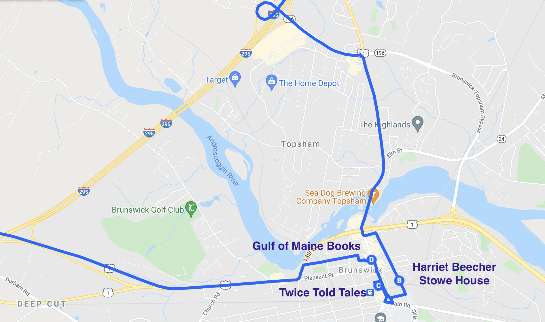 road map of literary spots in brunswick maine 
