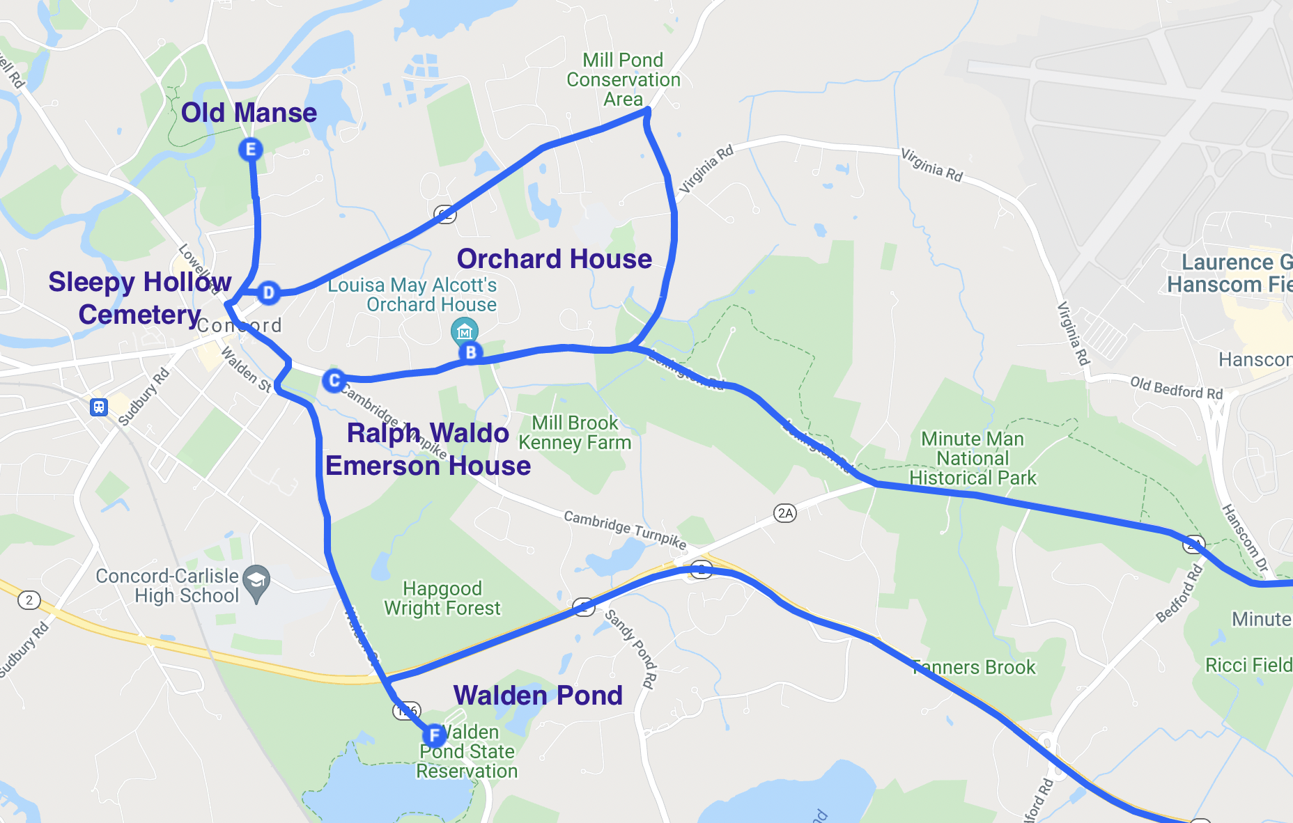 road trip map of literary spots in concord massachusetts