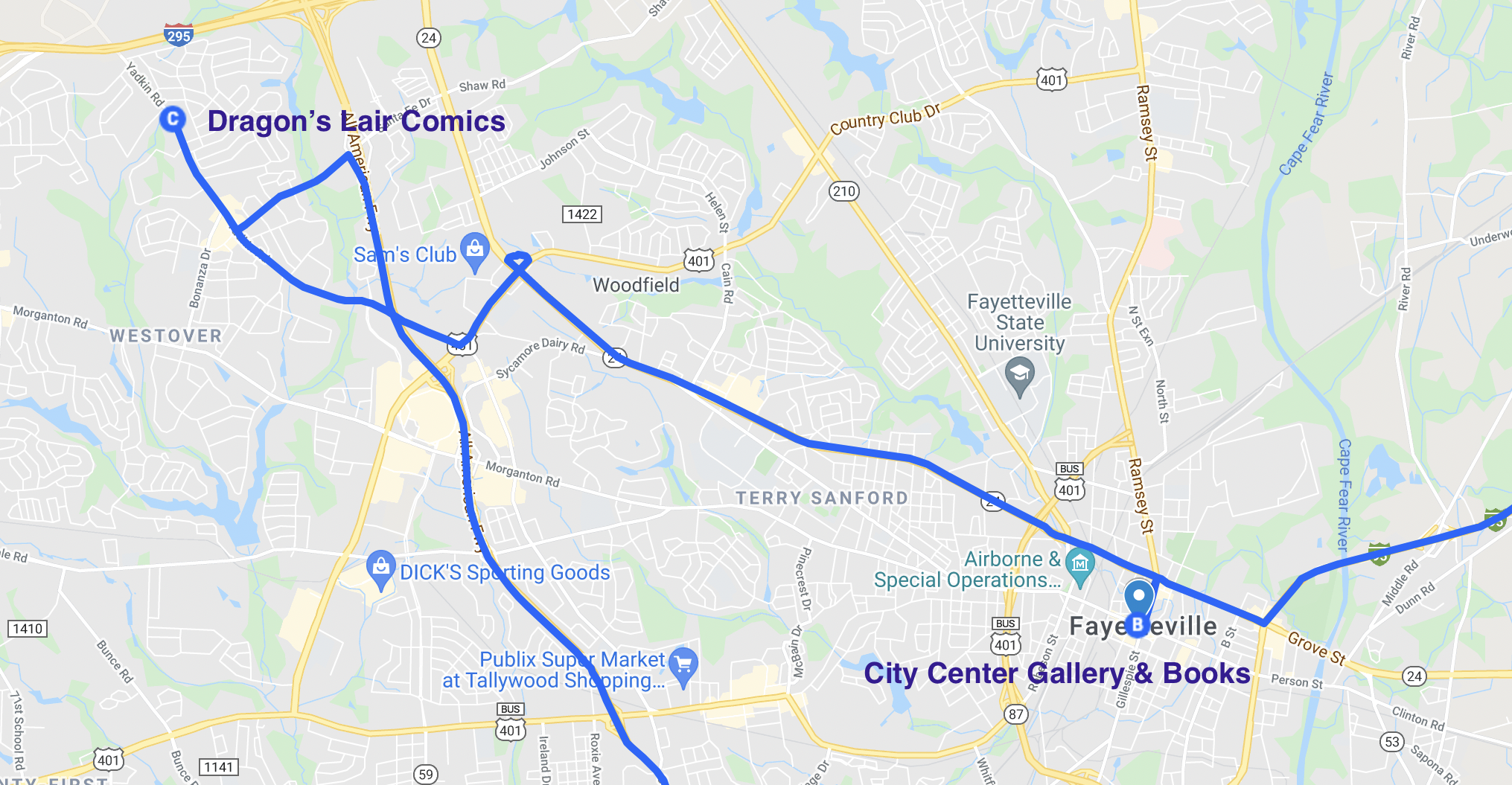 road trip map of literary spots in fayetteville north carolina