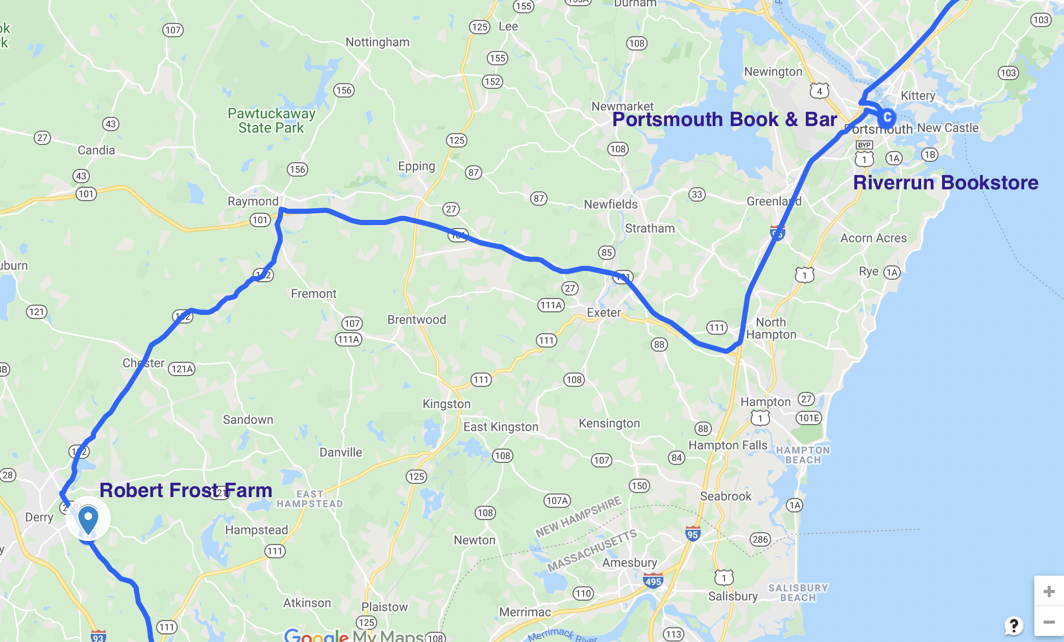 road map of literary stops in portsmouth and derry new hampshire