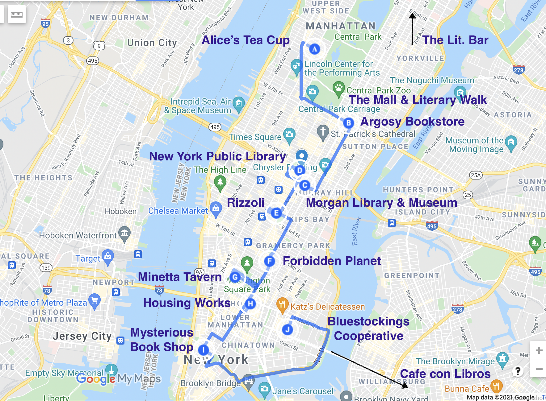 road trip map of literary spots in new york city, primarily manhattan