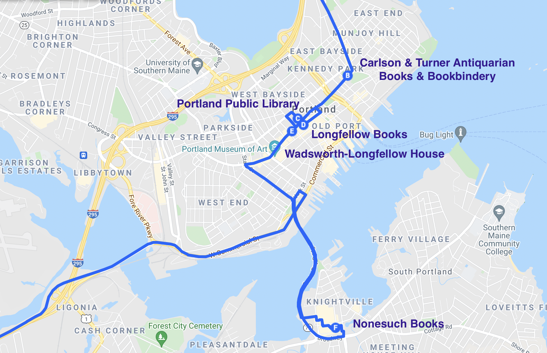 map of literary spots in portland maine