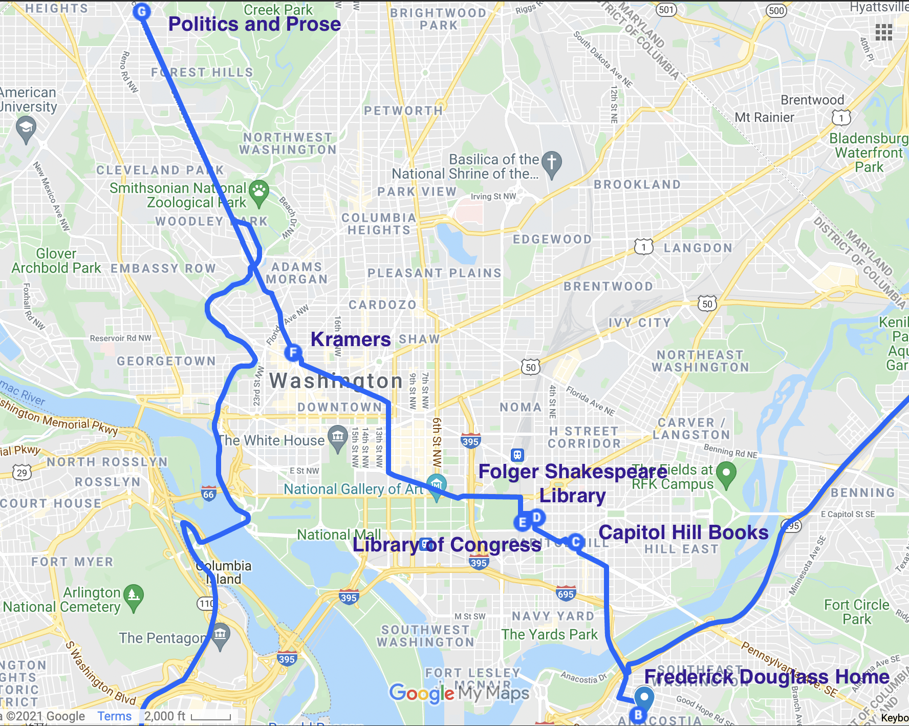 road trip map of literary spots in washington dc