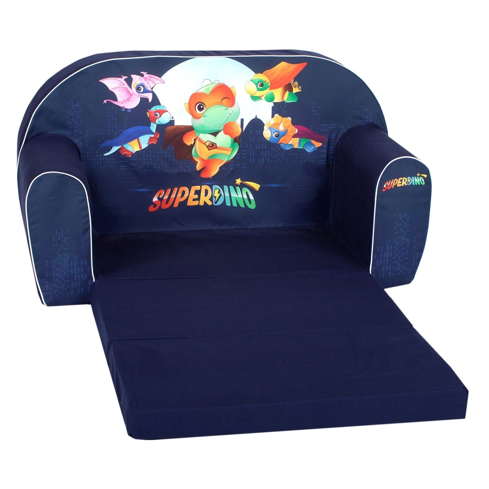 blue couch with fold out cushions and animated superhero dinosaurs on seat back