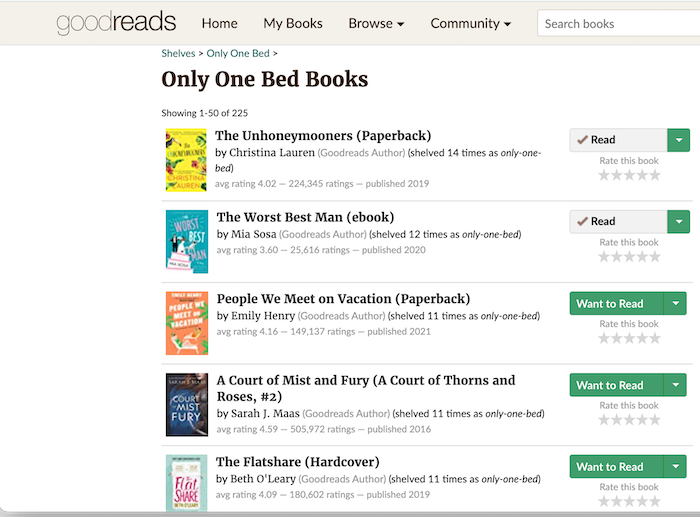 screenshot of a list of only one bed books on goodreads