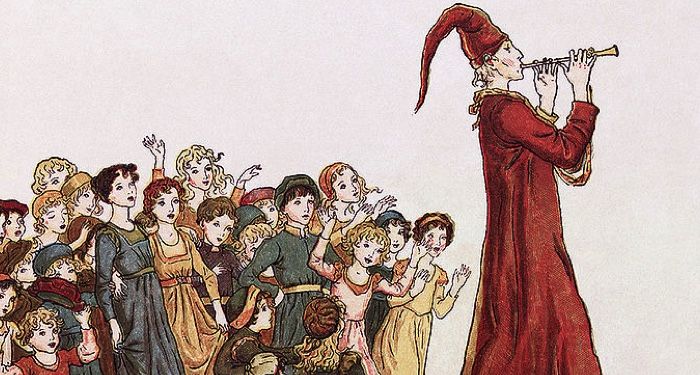 an illustration of Illustration from The Pied Piper of Hamelin and a group of children following