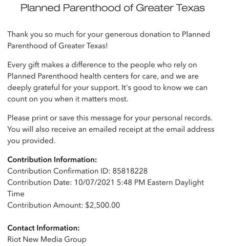 receipt of $2500 donation from Book Riot to Planned Parenthood of Greater Texas