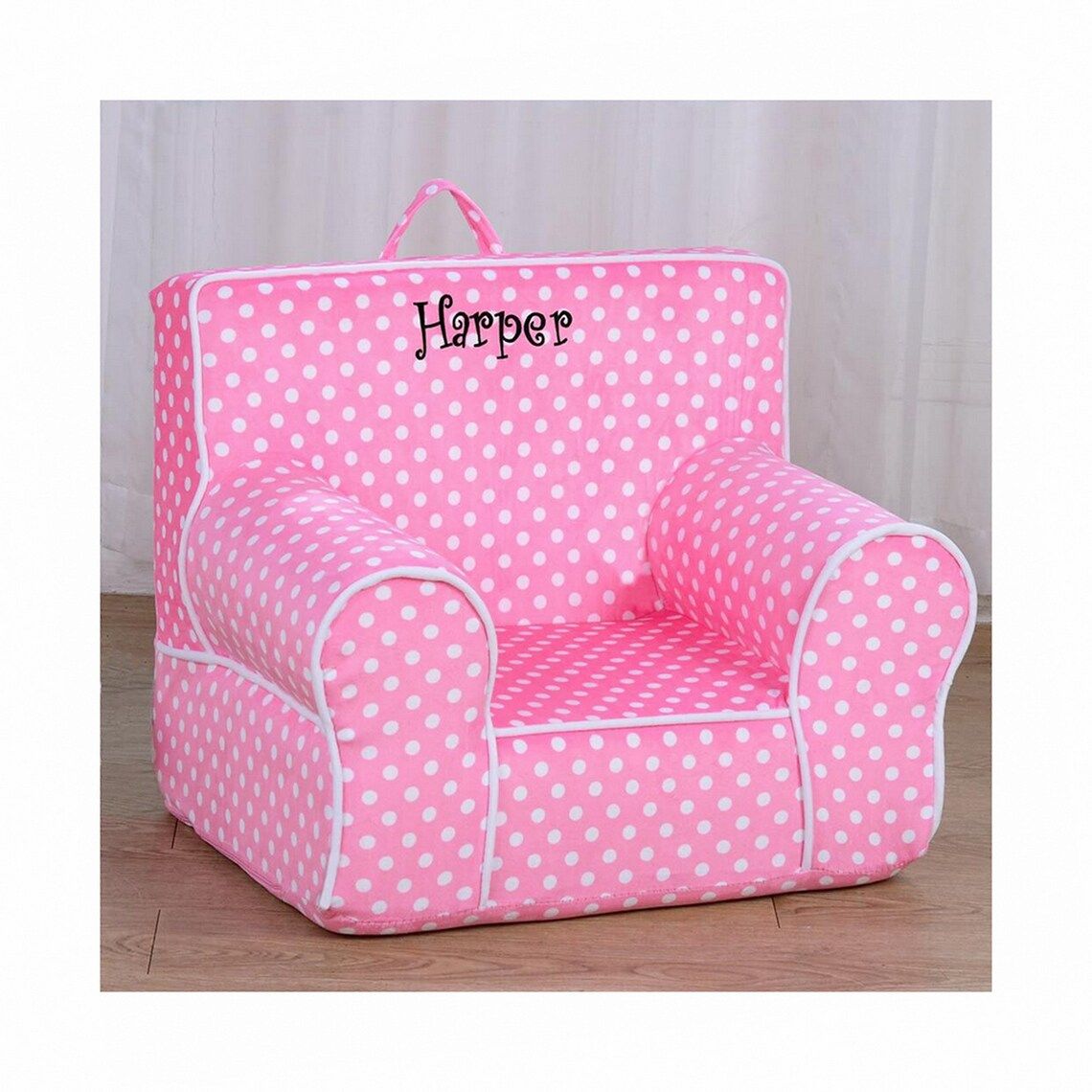 pink polka dot chair monogram of the name Harper