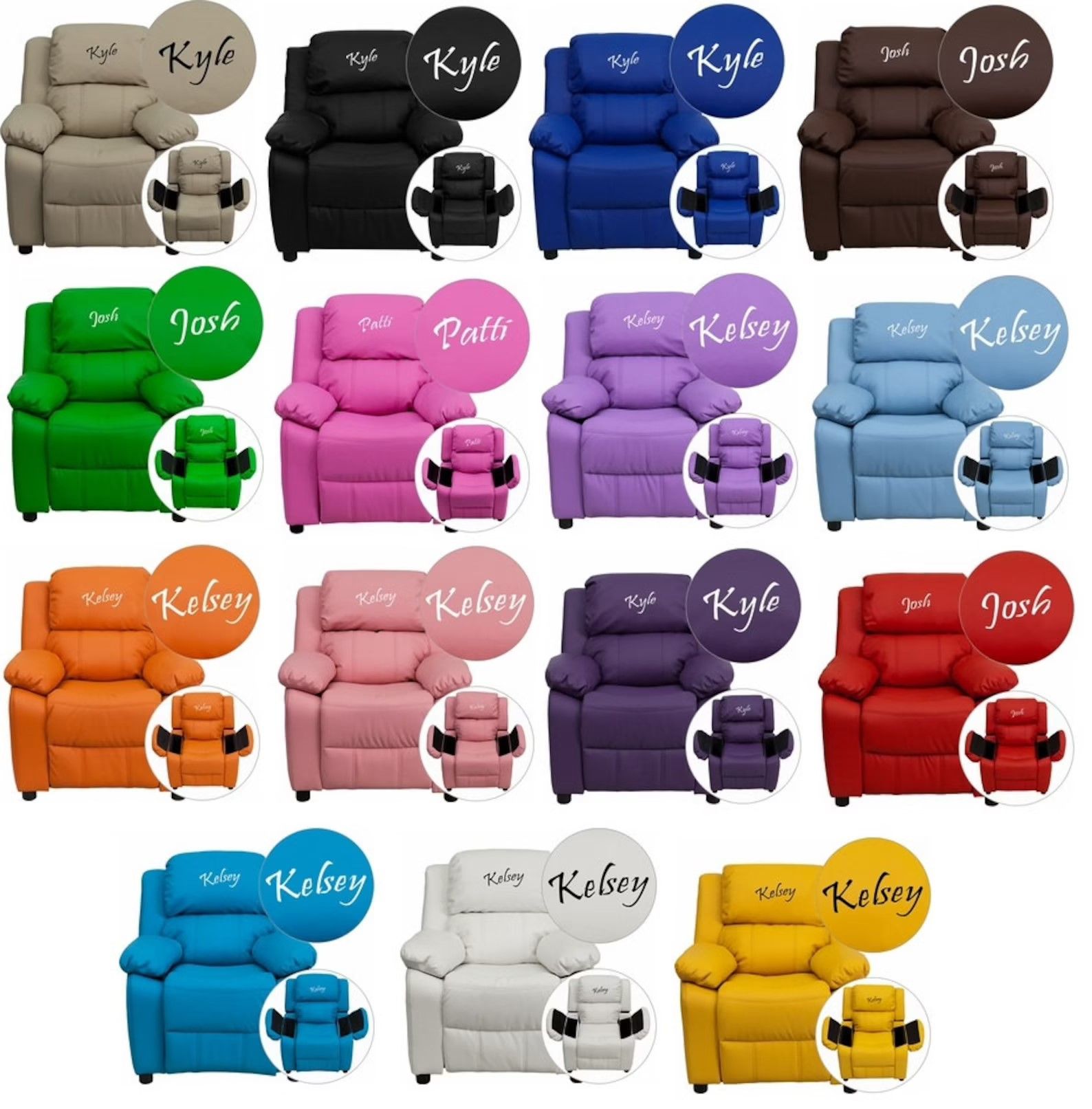 collection of different colored armchairs with names on headrests and armrests that open
