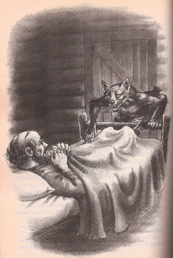 a tailypo, a cat like primate, climbing over the edge of a bed while a man lays in it, terrified, clutching his blanket to his chest. Illustrated by Katherine Coville