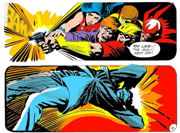 Two panels from Teen Titans #25.

Panel 1: An angry protestor fires a gun while Wonder Girl, Kid Flash, Speedy, and Hawk try to subdue him.

Speedy: Too late - ! The gun - ! Went off!

Panel 2: Dr. Swenson falls over, clearly hit.