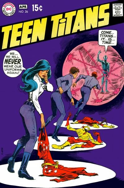 The cover to Teen Titans #26. Wonder Girl, Kid Flash, and Speedy, wearing matching lavender outfits, discard their costumes and run toward a portal with a robot and some lasers inside. Wonder Girl is crying.

Robot: Come...Titans...it...is...time...
Wonder Girl: We...we will never wear our uniforms again!