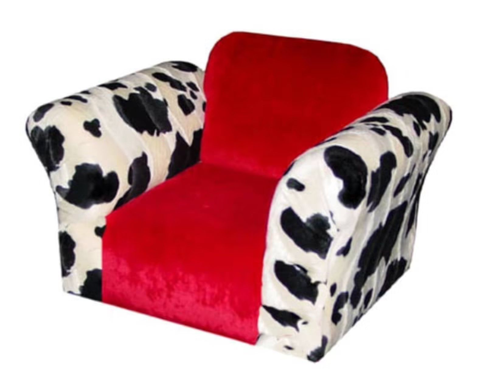 armchair with red seat and cow print arms