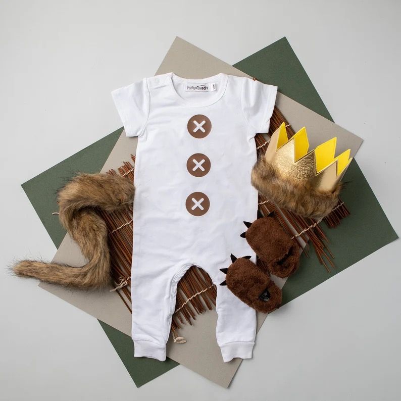 Max from Where the Wild Things Are costume kit: a white romper, gold crown, fuzzy tail and slippers
