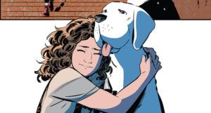 a panel showing Whistle hugging her dog