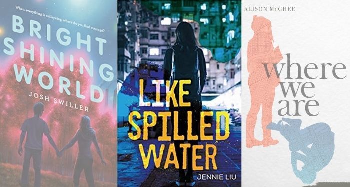YA book cover collage including bright shining world on the left, like spilled water in the center, and where we are on the right