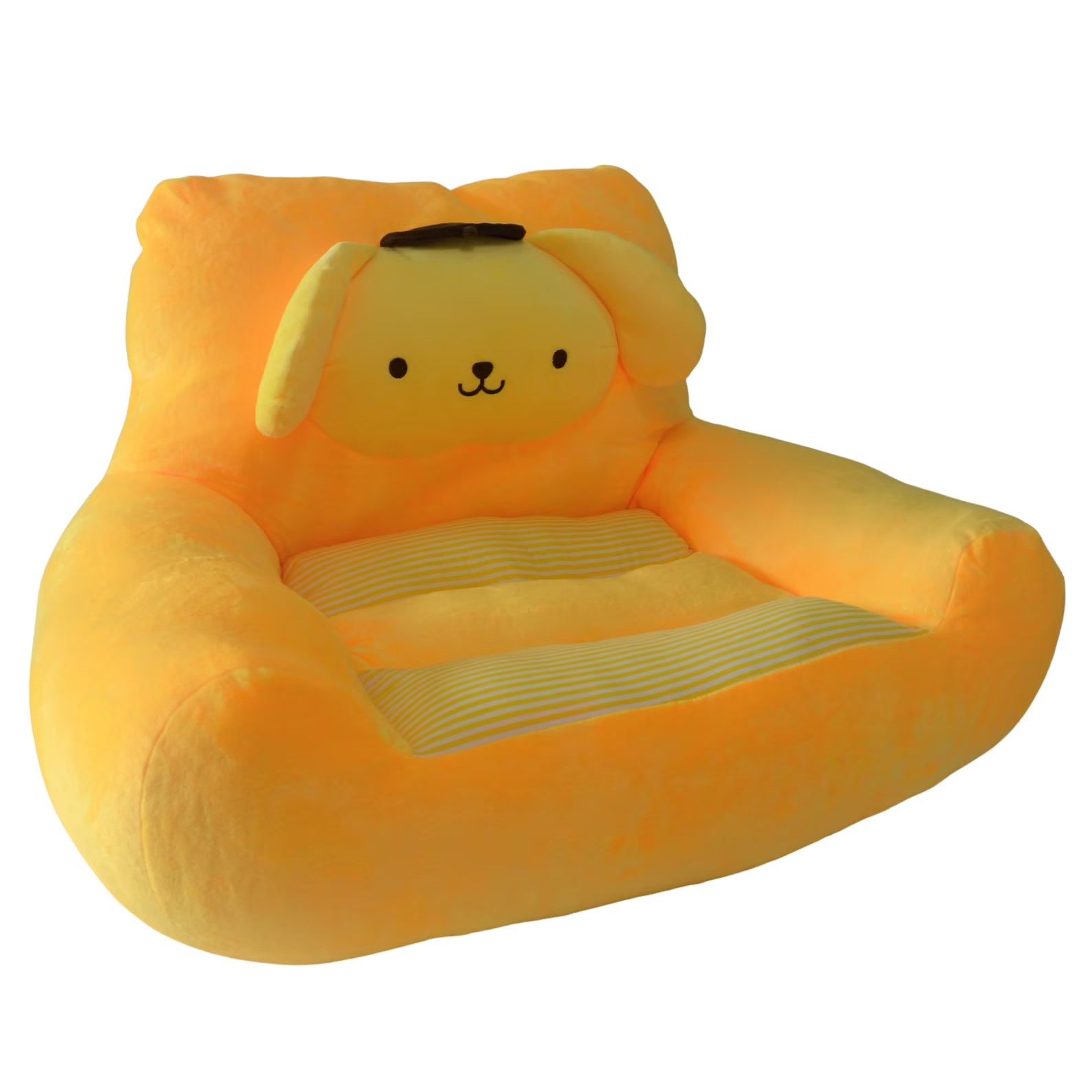 yellow chair with stuffed dog headrest