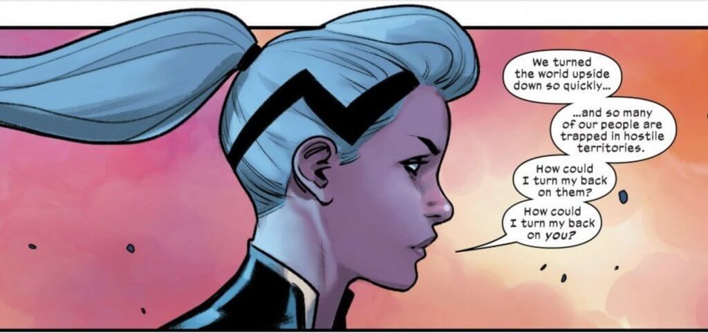 a panel from Marvel Comics Marauders 1 of Ororo Monroe with light skin