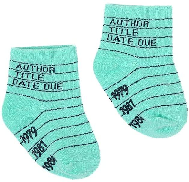 Teal baby socks that say in print, "Author. Title. Date Due. 1979. 1981."