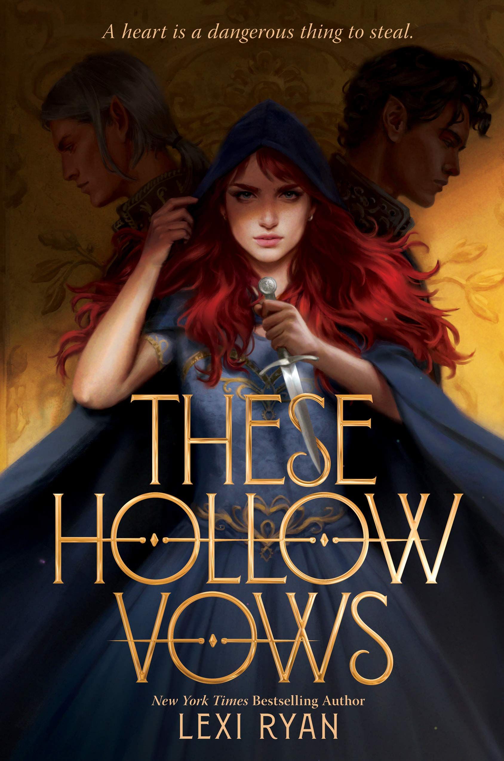 These Hollow Vows book cover: red haired girl with cloak, next to two boys