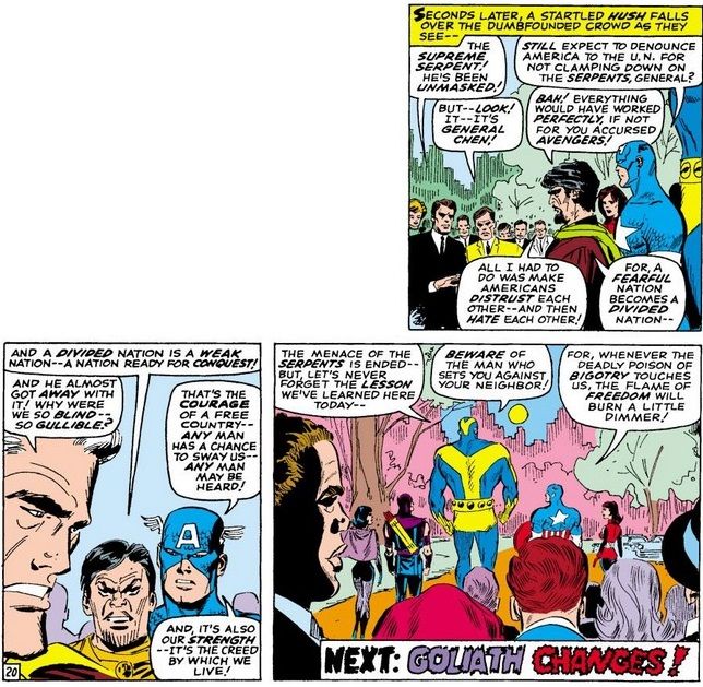 From Avengers #33. The Supreme Serpent is unmasked as communist leader General Chen. The Avengers speechify about the evils of bigotry.