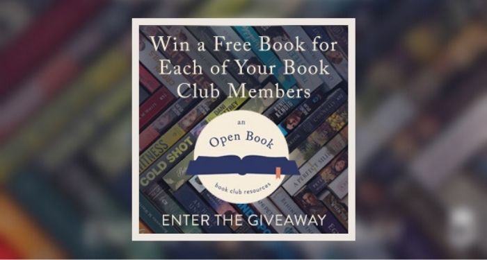 White text reads "Win a Free Book for Each of Your Book Club Members" over the logo for An Open Book. Text on the bottom of the image reads "Enter the giveaway."