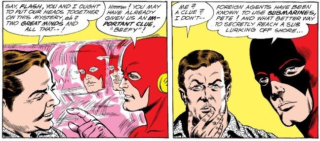 From Flash #121. The Flash discusses a case with a civilian. He deduces that "foreign agents" must be operating off the coast in a submarine.