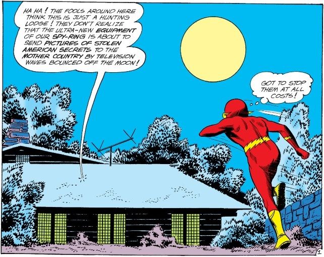 From Flash #127. Kid Flash races towards a hunting lodge. A speech bubble emerging from the lodge reveals there are anti-American spies plotting inside.