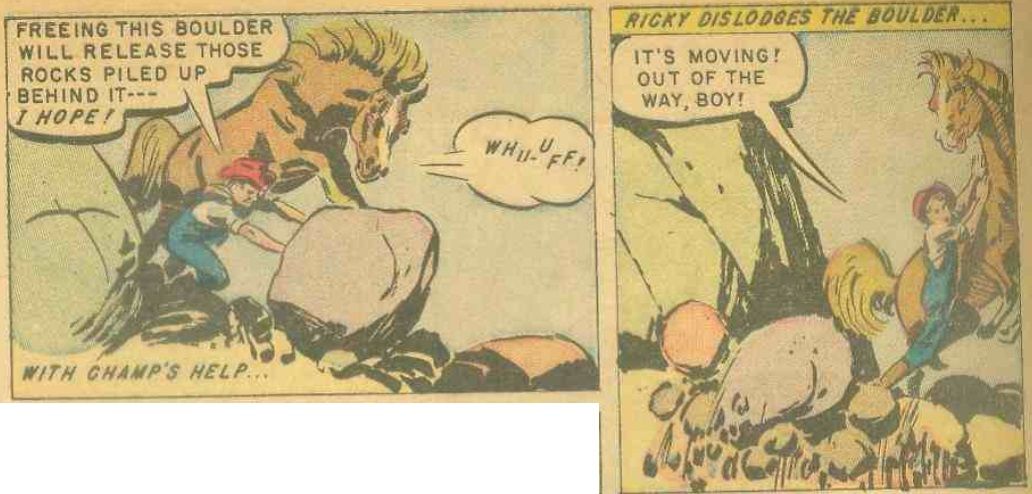 From Gene Autry's Champion #8. Ricky and Champion start a rockslide by pushing a boulder over a cliff.