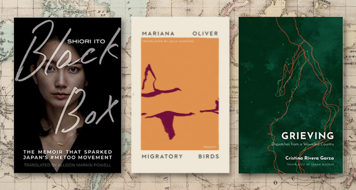 3 covers of the books listed against a map background