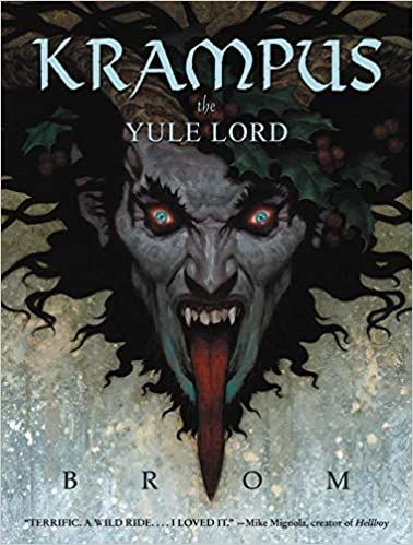 cover of Krampus: The Yule Lord by Brom, featuring illustration of scary Krampus face surrounded by snow