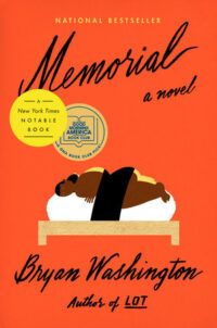 Book cover for Memorial, showing a bright orange background with an illustration of two people lying back to back on a bed with a black sheet lying across them.