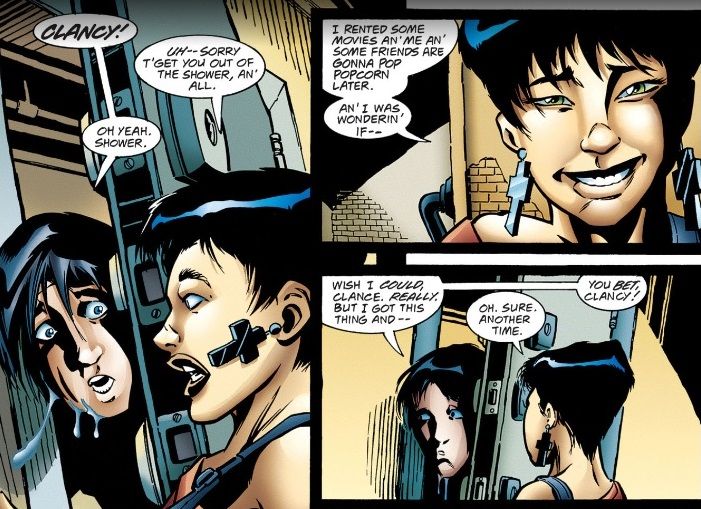 From Nightwing #15. Dick, dripping wet, opens his door to see a startled Clancy. He turns down her invitation to watch movies together.