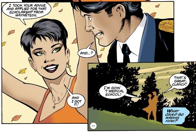From Nightwing #41. Clancy announces she is going to med school on scholarship. Dick congratulates her.