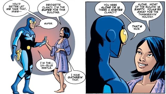 From Robin #96. Blue Beetle meets "Bridgette" Clancy, who explains that she is the superintendent and single.
