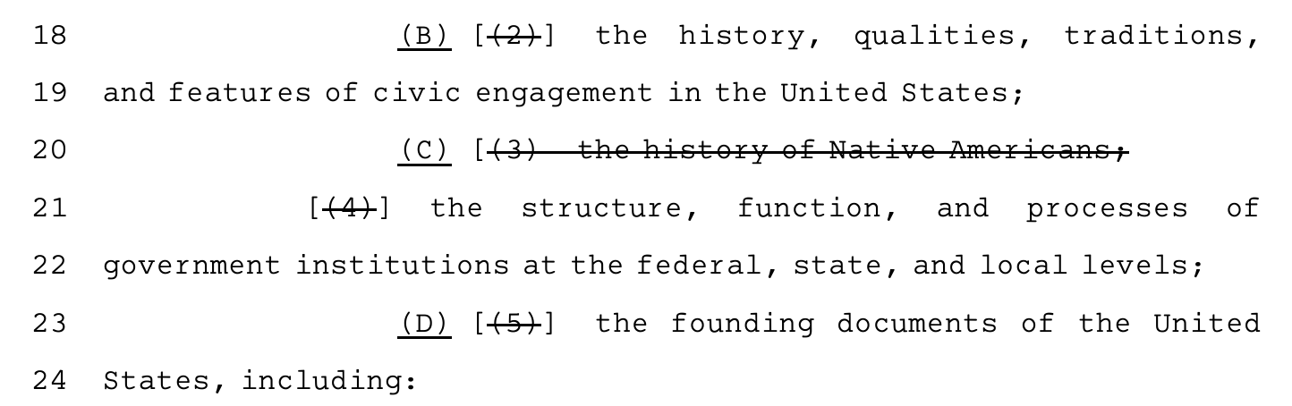 Screenshot of Texas Senate Bill 3, showing Native American history being crossed out as a line