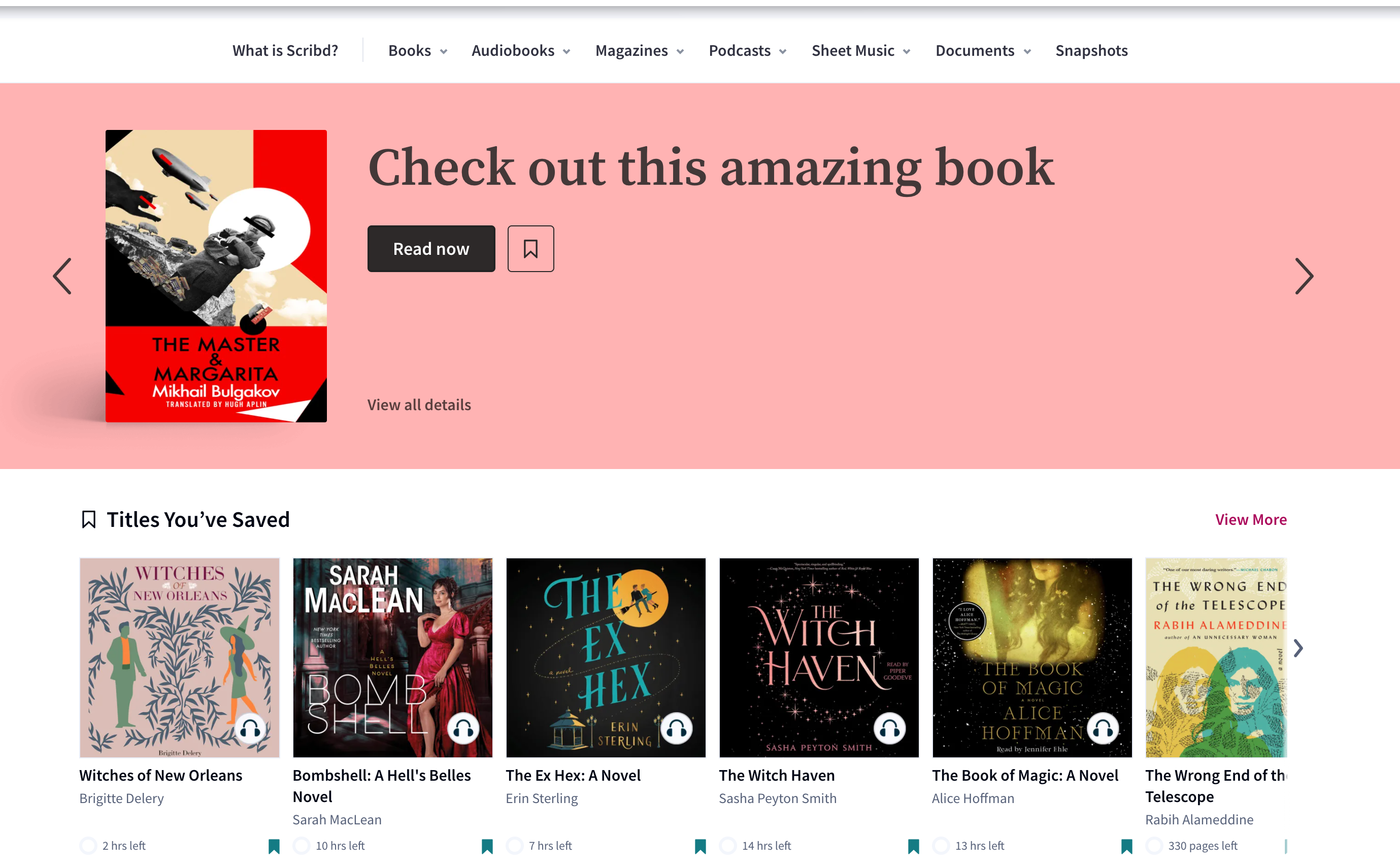 Screenshot of Scribd homepage with text "Check out this amazing book"