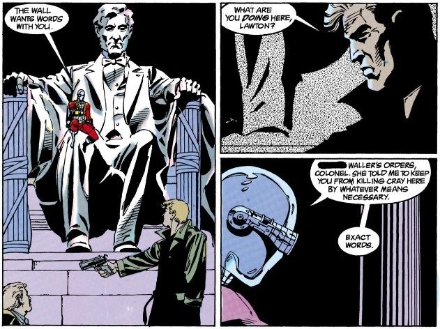 From Suicide Squad #22. Deadshot sits on the statue of Lincoln at the Lincoln Memorial and tells Flag he is here to stop him from shooting Senator Cray.