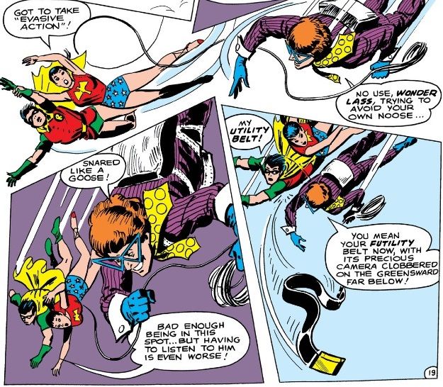 From Teen Titans #7. While skydiving, the Mad Mod lassos a free-falling Wonder Girl and Robin. He discards Robin's utility belt and the evidence against him it contains.