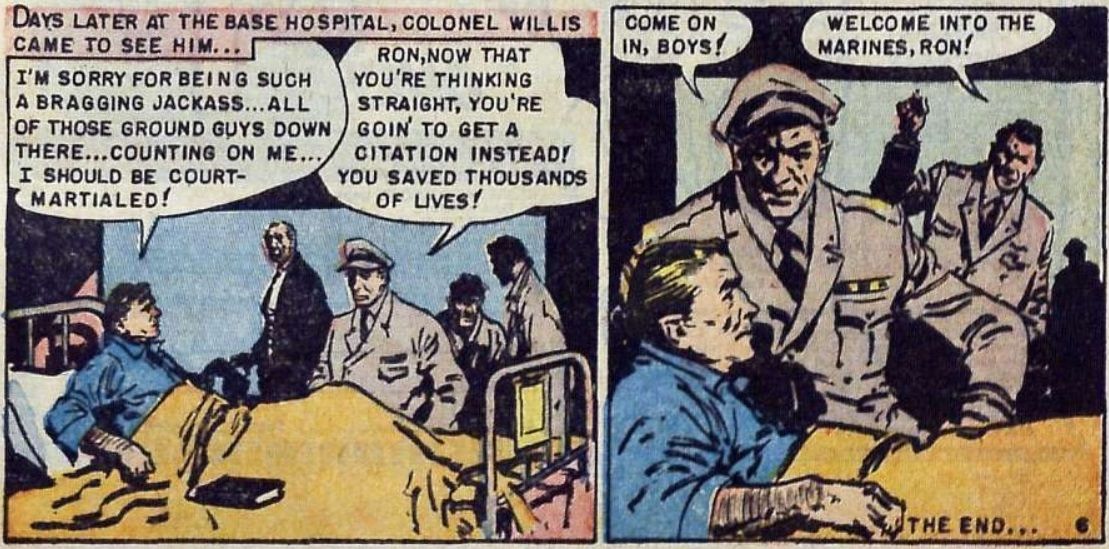 From U.S. Marines in Action #1, showing a soldier in a hospital bed apologizing for being a "bragging jackass" and a Colonel congratulating him on saving lives