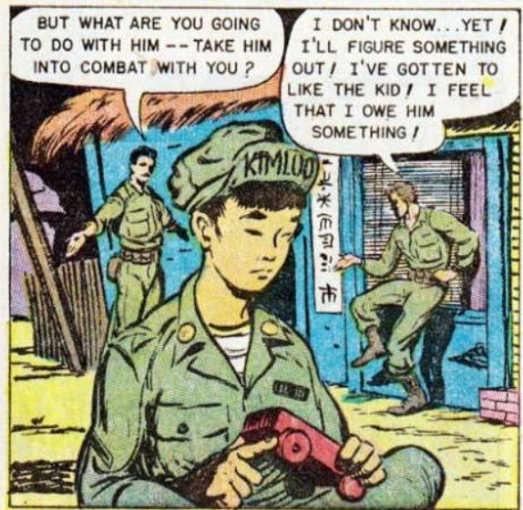 From War Heroes #4. A Korean boy glumly playing with a toy wagon as two American soldiers discuss what to do with him.