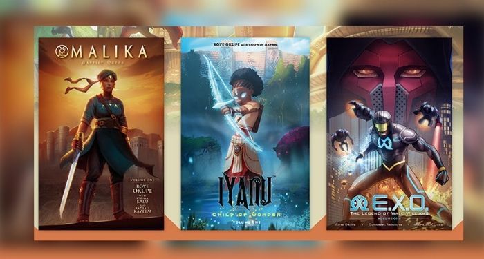 Book covers ofMalika: Warrior Queen Volume 1; Iyanu: Child of Wonder Volume 1; and E.X.O.: The Legend of Wale Williams Volume 1